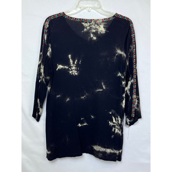 Calessa Womens Med Black Embroidered Floral Hippie Boho 3/4 Sleeve V-Neck Top - Picture 8 of 8